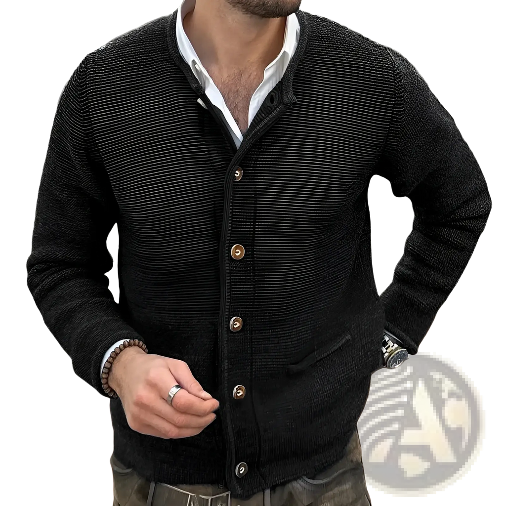 Men knitted cardigan slim fit long sleeve black textured knit sweater with wooden buttons