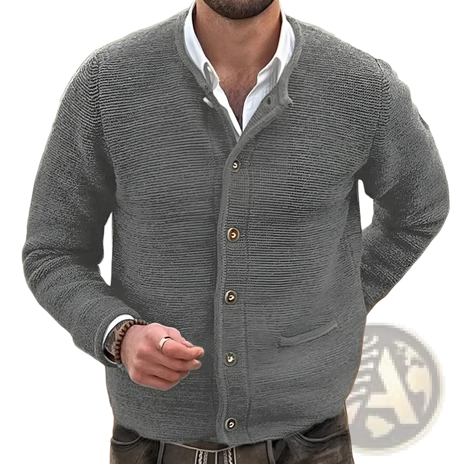 Men knitted cardigan slim fit long sleeve sweater in textured gray knit with button-front closure and ribbed detailing