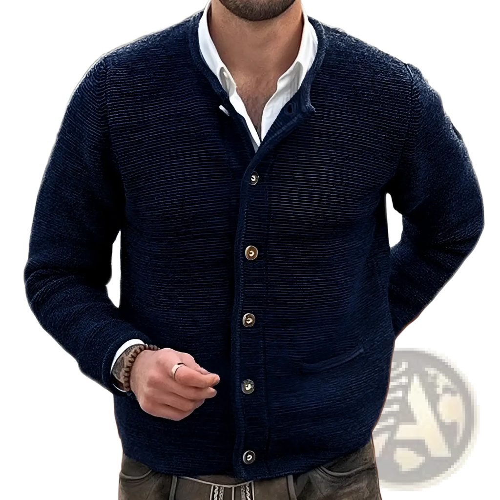 Navy blue slim fit men knitted cardigan with textured knit and wooden buttons long sleeve sweater