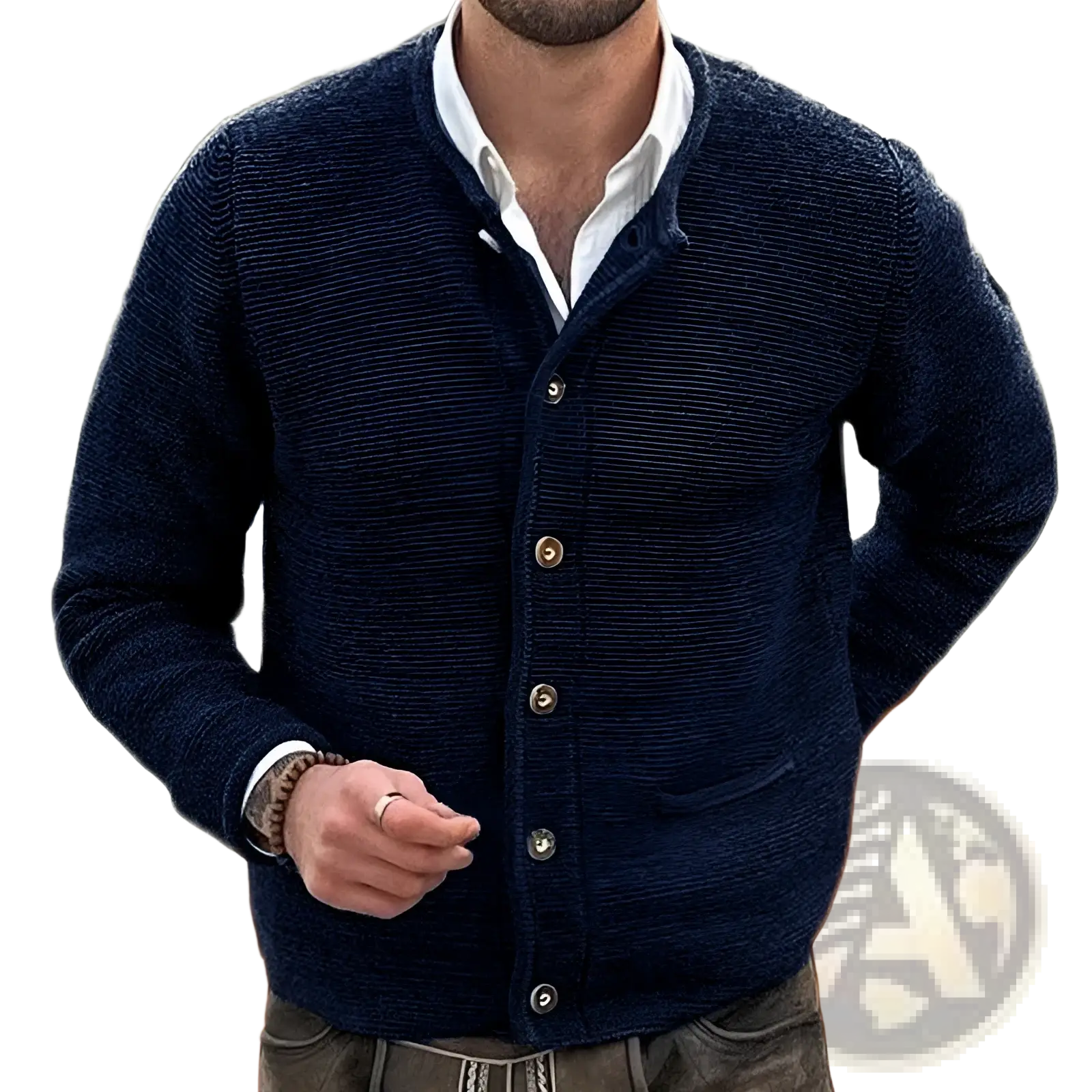 Navy blue slim fit men knitted cardigan with textured knit and wooden buttons long sleeve sweater