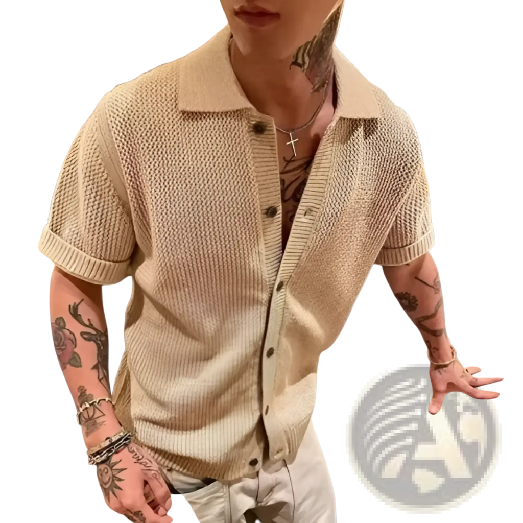 Men knitted short sleeve polo shirt in beige featuring a textured pattern and button closure with knitted material
