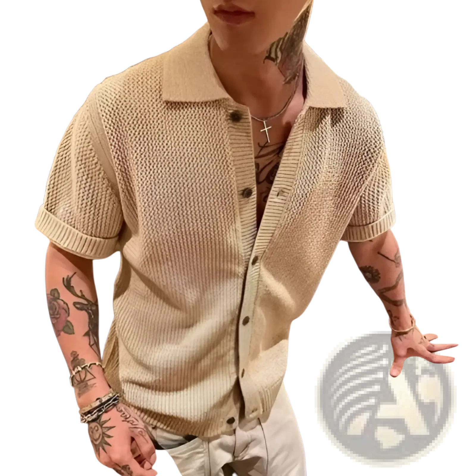 Men knitted short sleeve polo shirt in beige featuring a textured pattern and button closure with knitted material