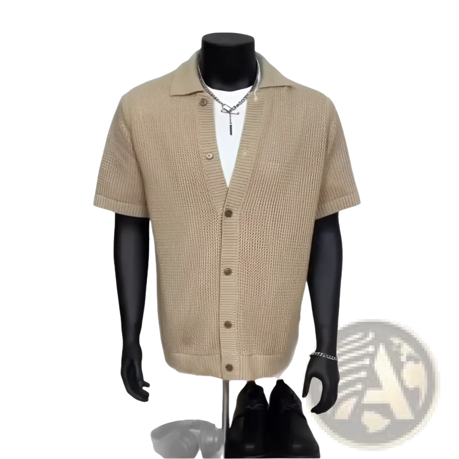 Beige short-sleeved knit cardigan with collar and button-front closure for men knitted short sleeve polo shirt