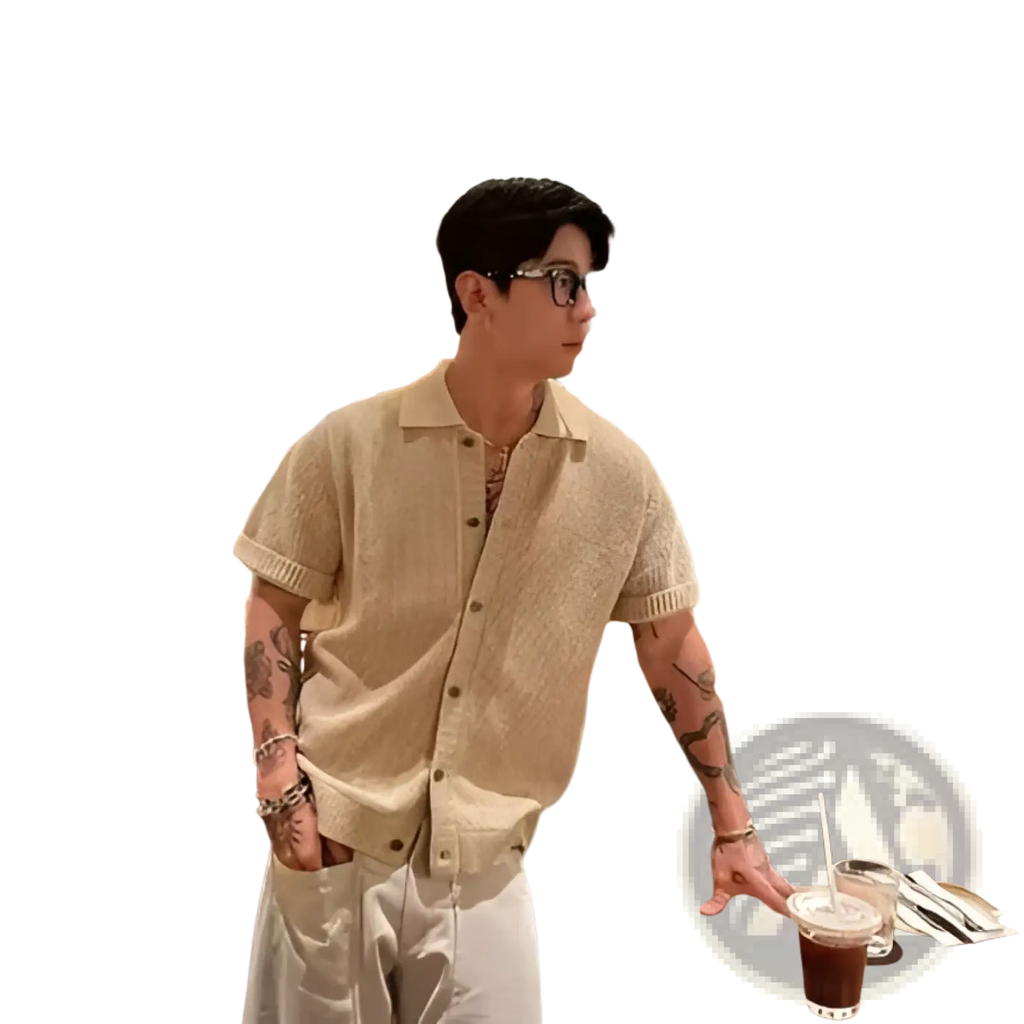 Beige textured knit men knitted short sleeve polo shirt with buttons and short sleeves for casual wear