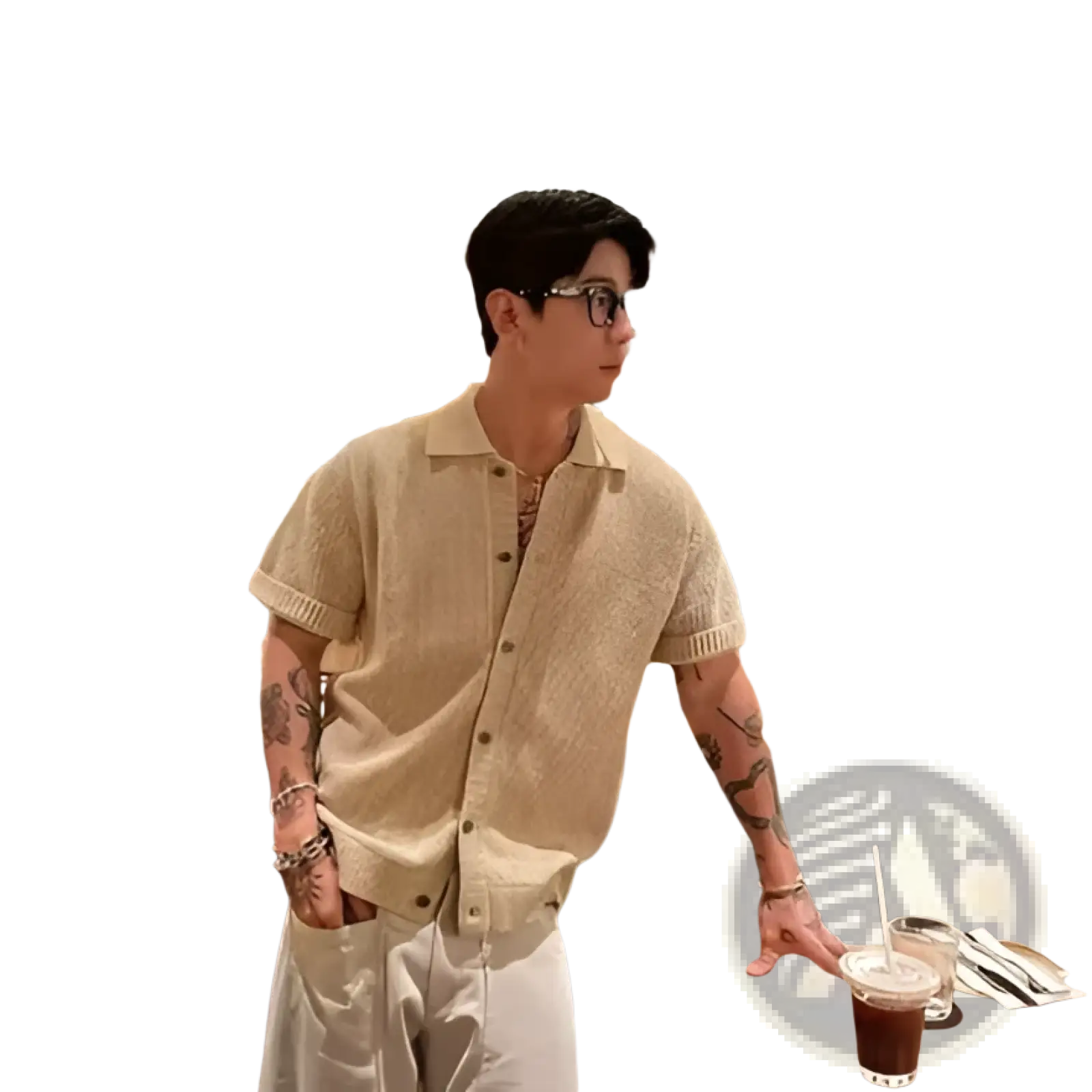 Beige textured knit men knitted short sleeve polo shirt with buttons and short sleeves for casual wear