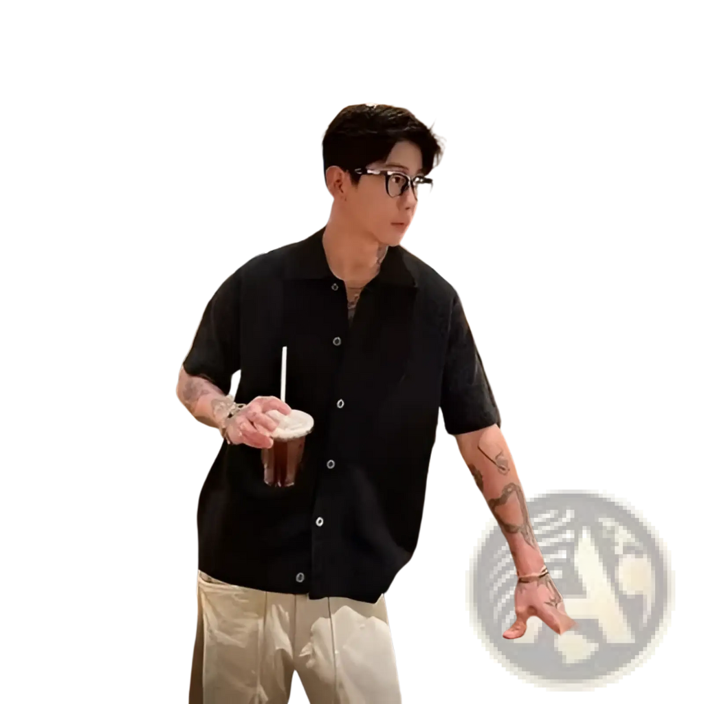 Men knitted short sleeve polo shirt featuring a black knitted short-sleeved button-up design for casual wear