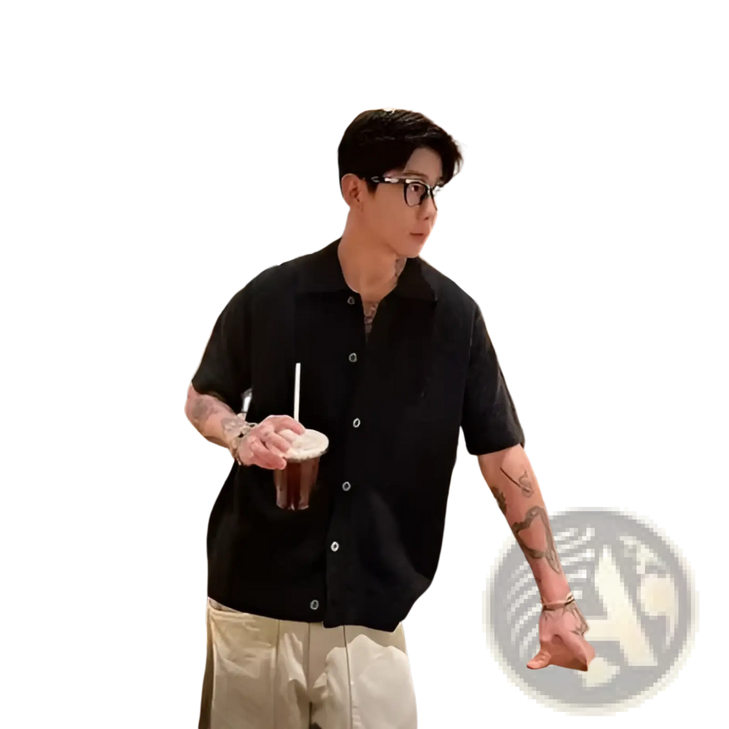 Black knitted short sleeve polo shirt for men featuring a button-up front and breathable fabric design