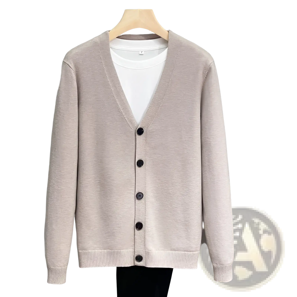 Men knitted vneck cardigan sweater coat in beige with dark buttons and ribbed cuffs made from knitted fabric