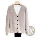 Men knitted vneck cardigan sweater coat in beige with dark buttons and ribbed cuffs made from knitted fabric