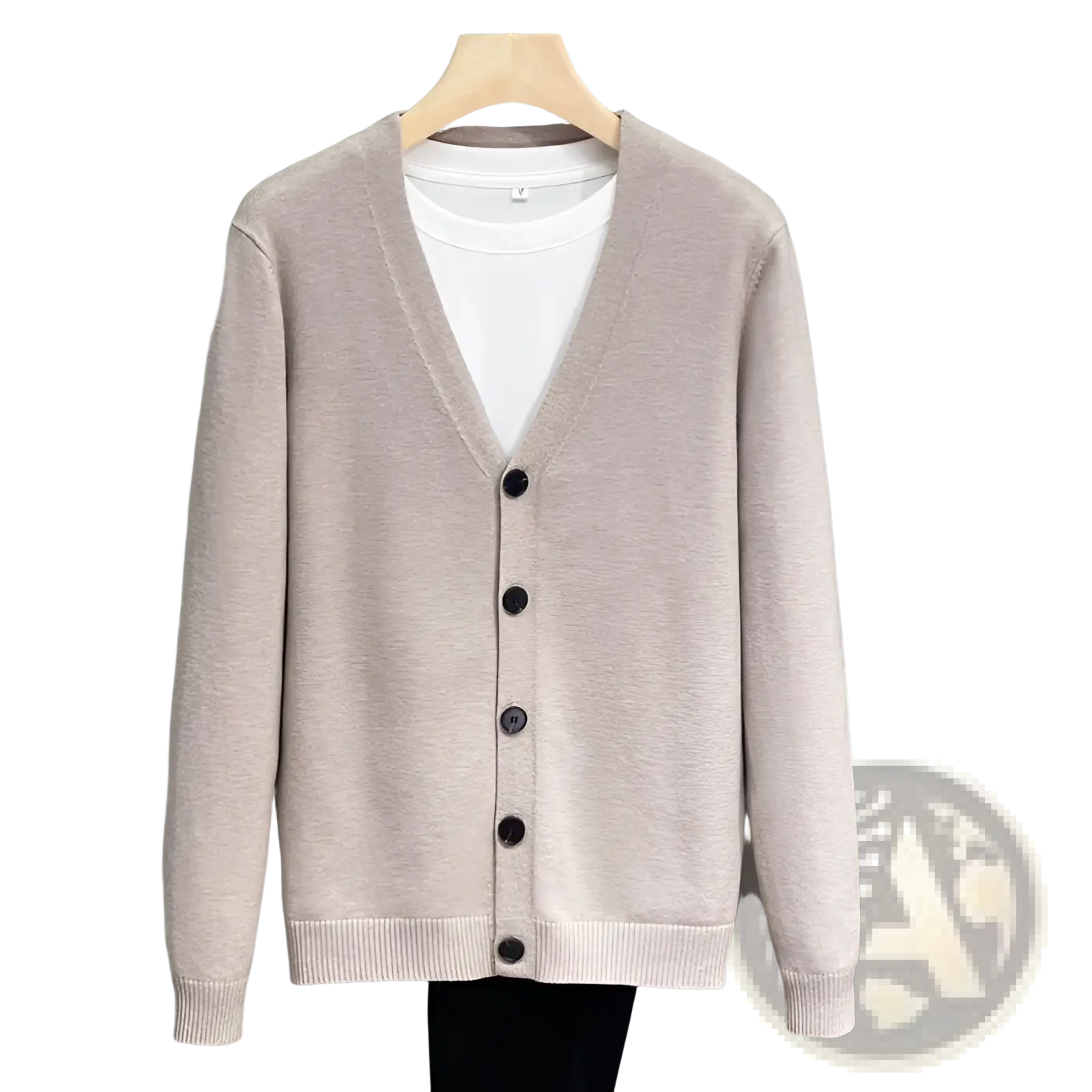 Men knitted vneck cardigan sweater coat in beige with dark buttons and ribbed cuffs made from knitted fabric