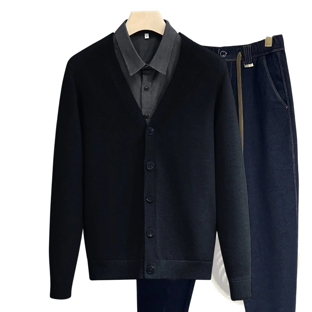 Men knitted vneck cardigan sweater coat in black knit with dark gray collar and cuffs and five matching buttons down front