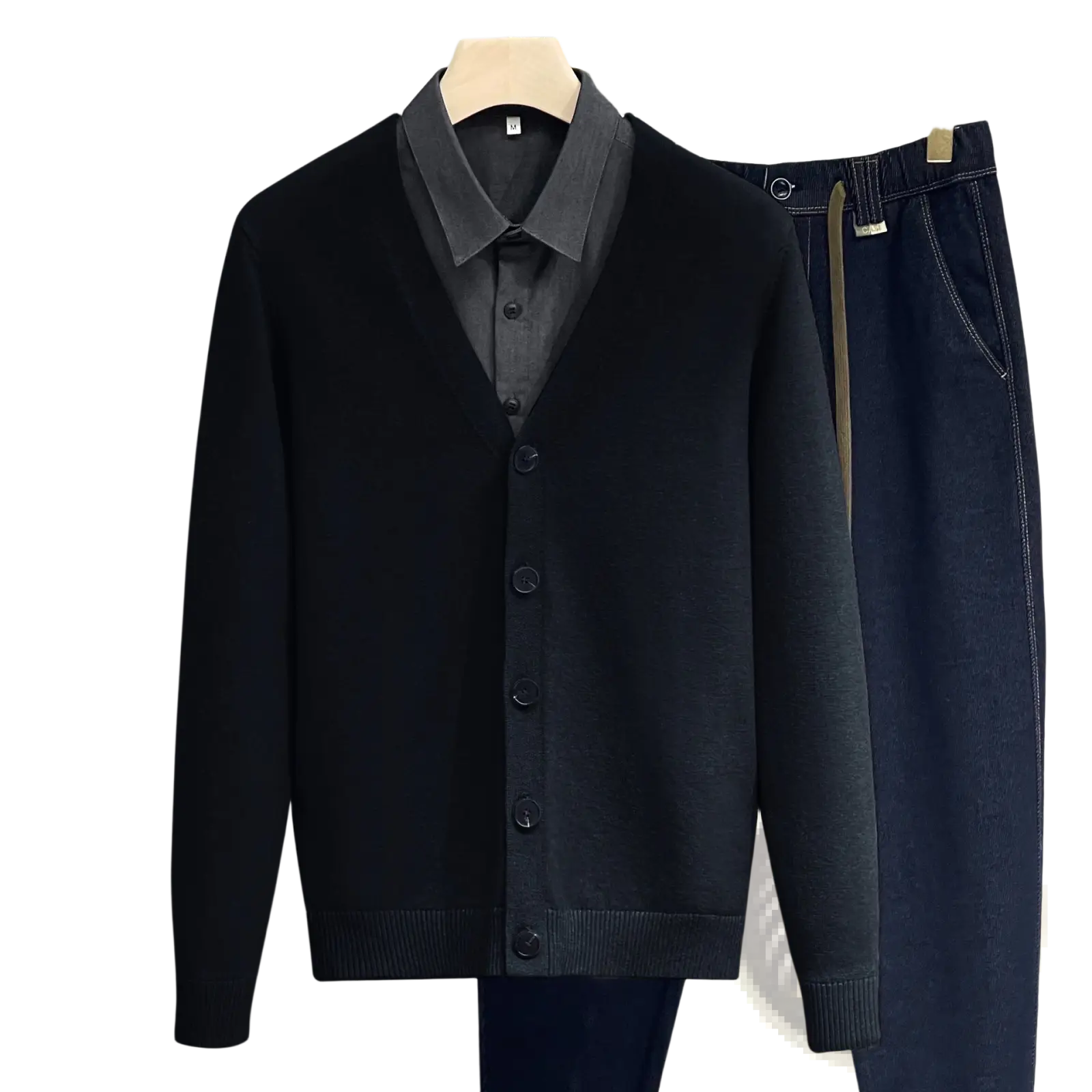 Men knitted vneck cardigan sweater coat in black knit with dark gray collar and cuffs and five matching buttons down front
