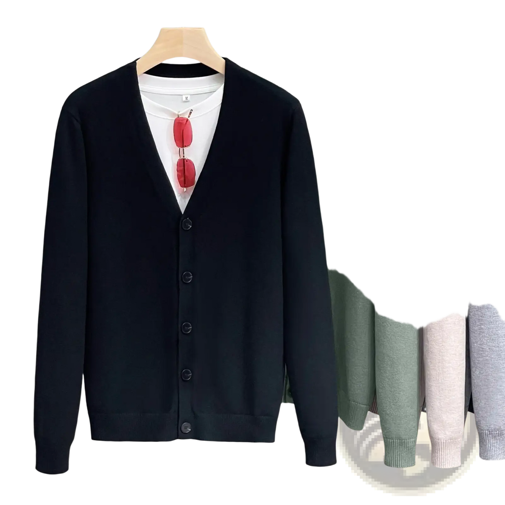 Men knitted black knit cardigan sweater coat with v neck and button closure displayed on wooden hanger