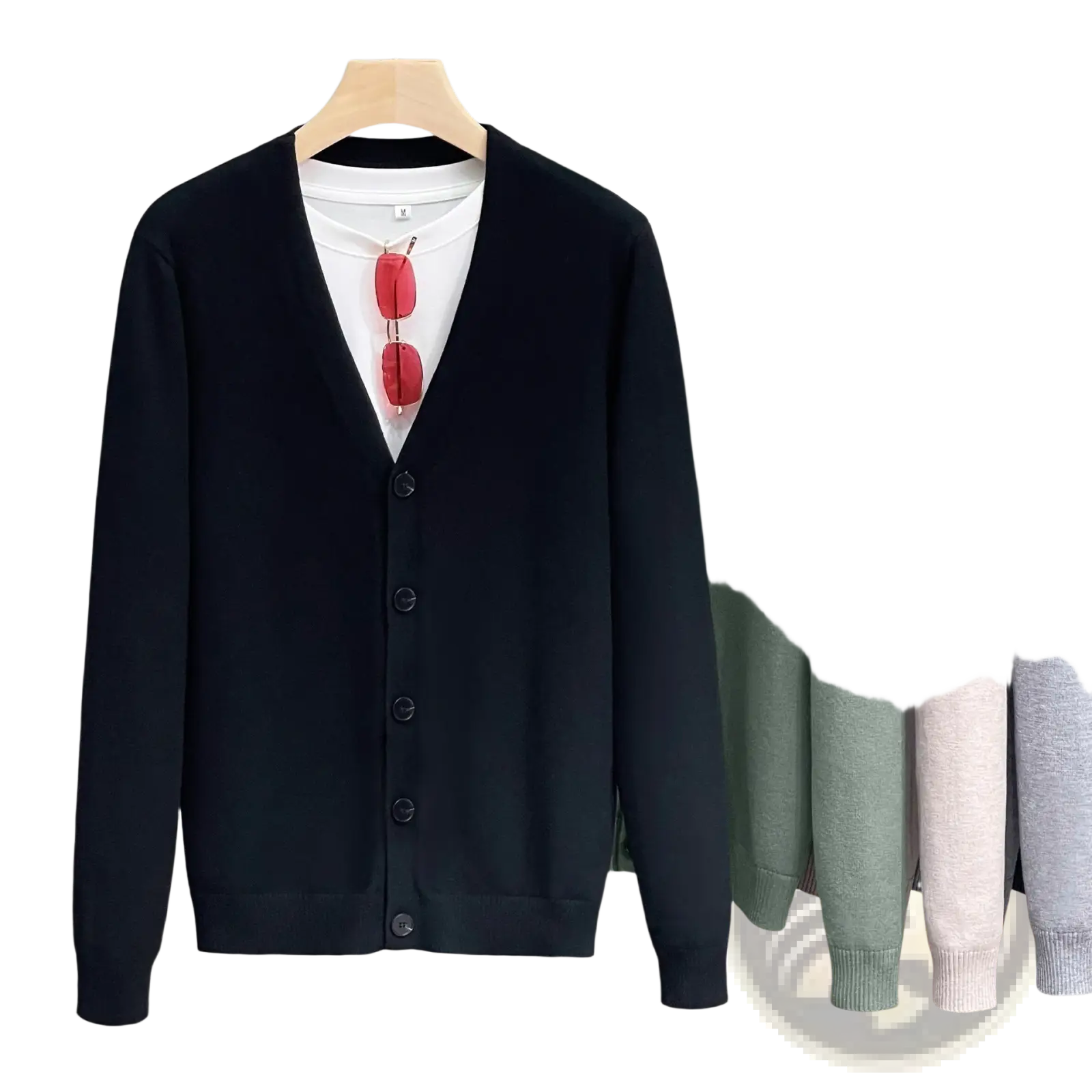 Men knitted black knit cardigan sweater coat with v neck and button closure displayed on wooden hanger