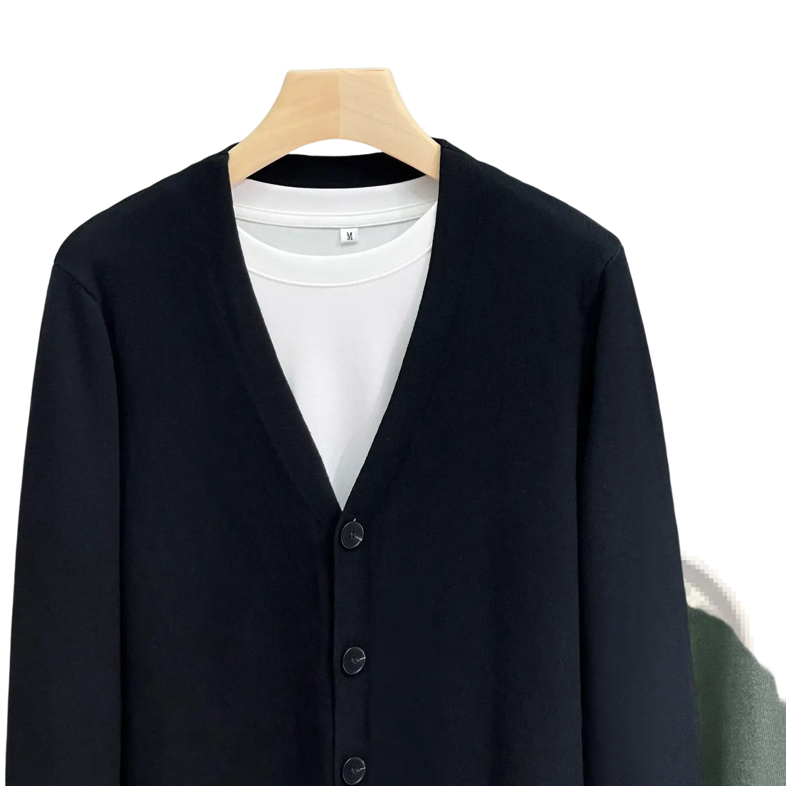 Men knitted vneck cardigan sweater coat in black with subtle texture and matching buttons worn over white crew neck tee