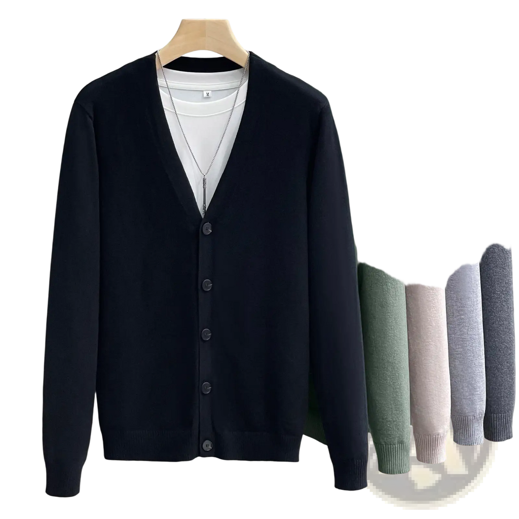 Men knitted vneck cardigan sweater coat in black with dark buttons and ribbed cuffs displayed on a wooden hanger