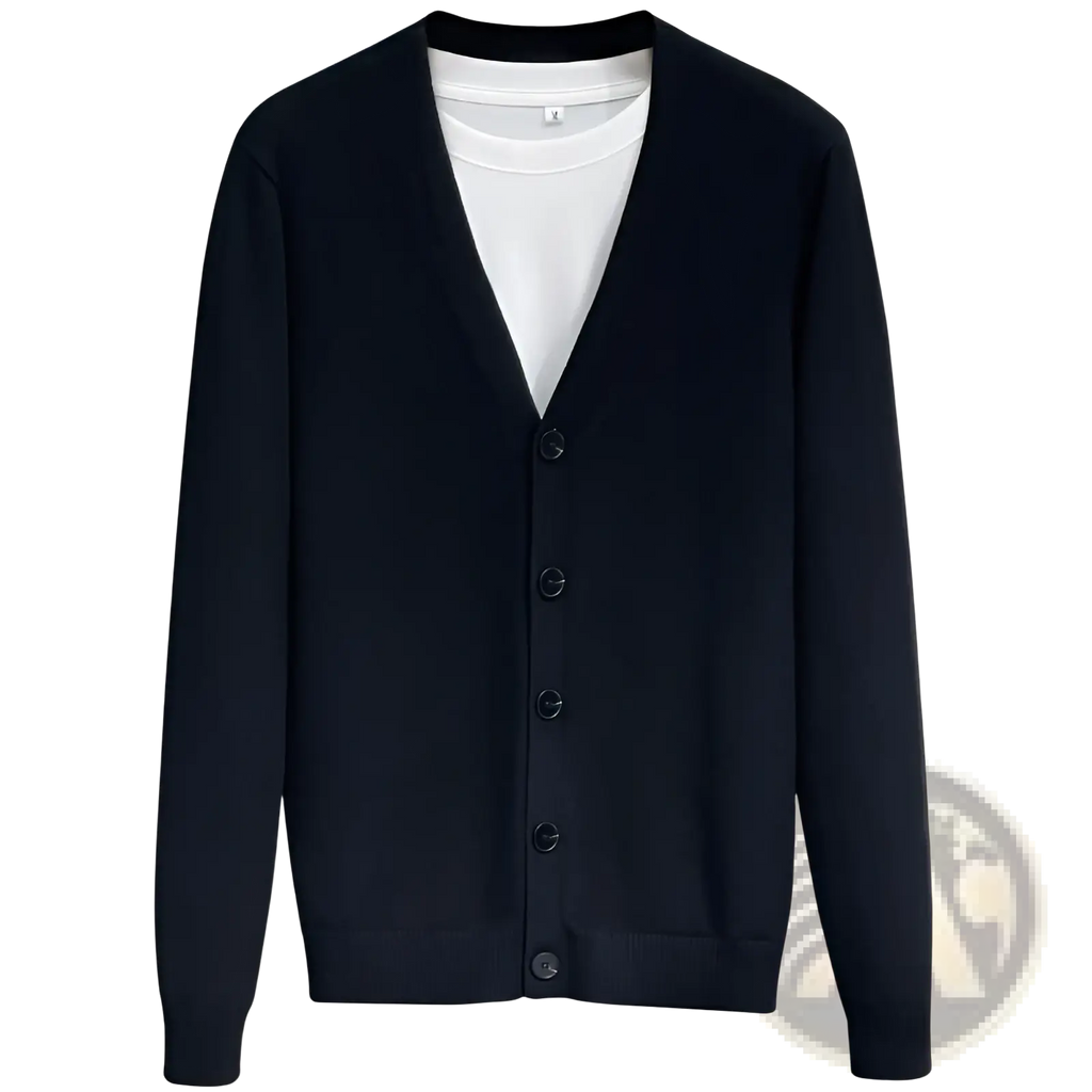 Men knitted vneck cardigan sweater coat in black with matching buttons and ribbed cuffs made from soft knit material