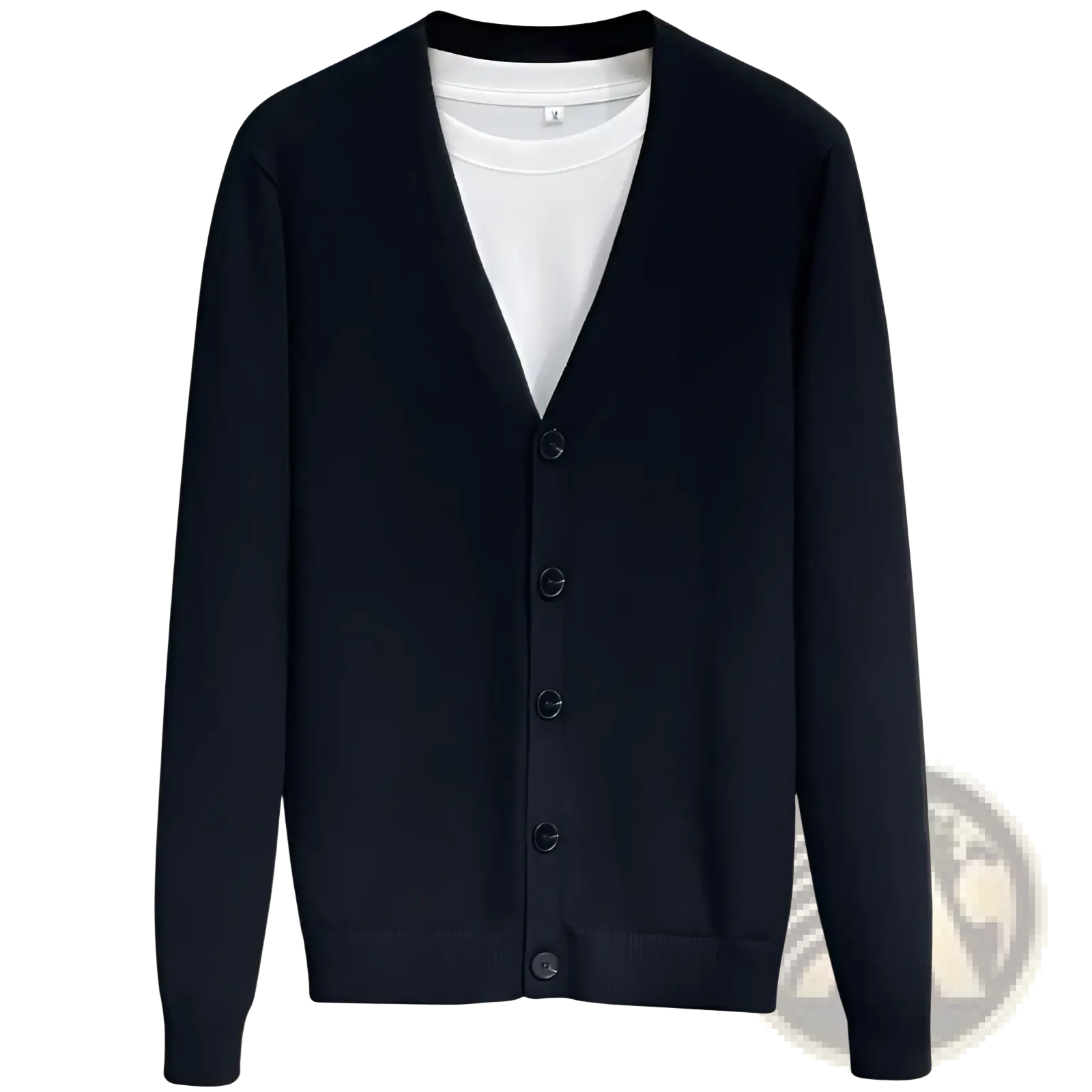 Men knitted vneck cardigan sweater coat in black with matching buttons and ribbed cuffs made from soft knit material