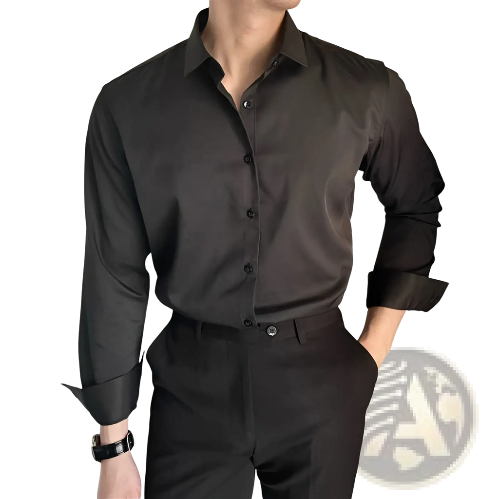 Men Korean slim fit long sleeve shirt in black featuring a crisp collar and neatly rolled cuffs