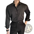 Men Korean slim fit long sleeve shirt in black featuring a crisp collar and neatly rolled cuffs