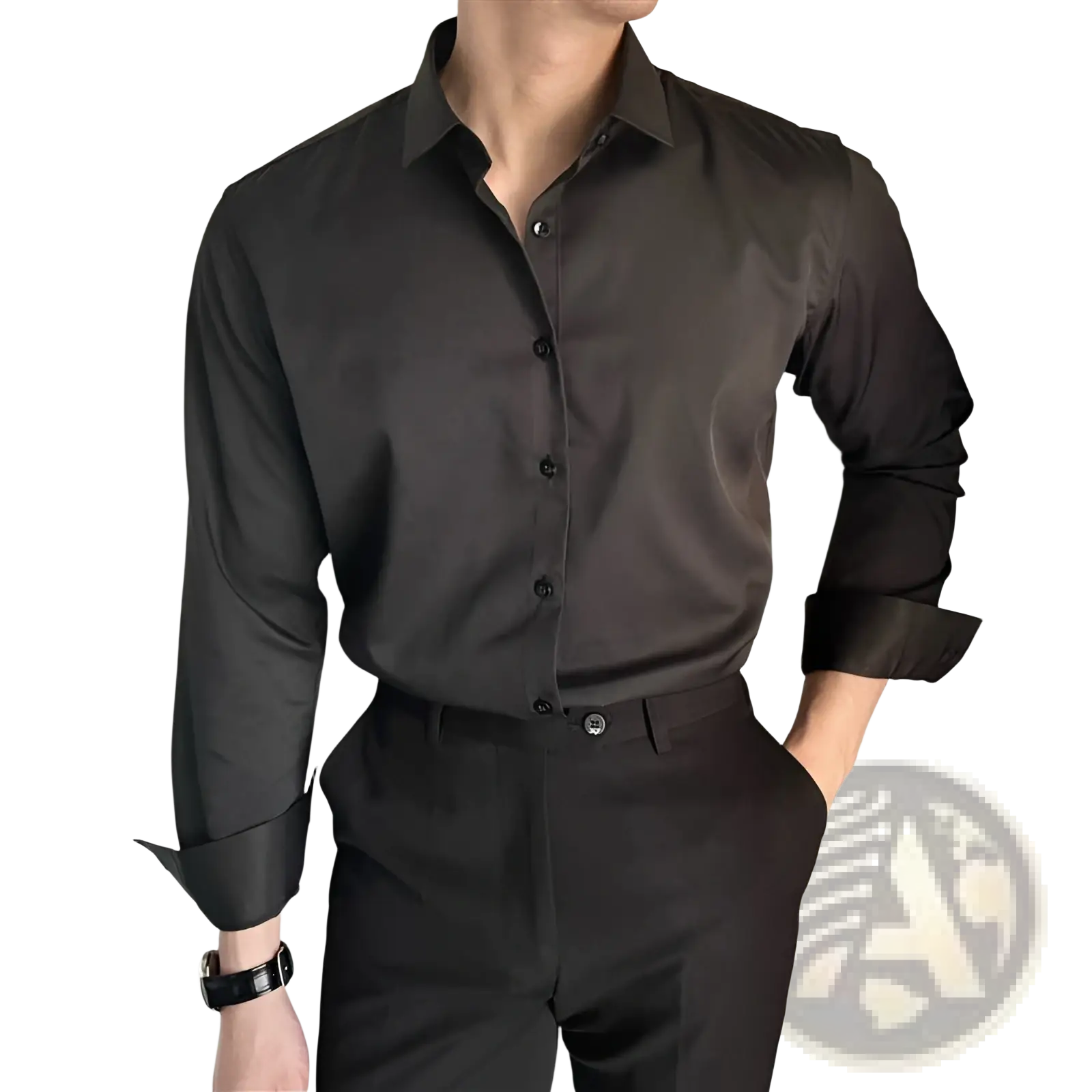 Men Korean slim fit long sleeve shirt in black featuring a crisp collar and neatly rolled cuffs