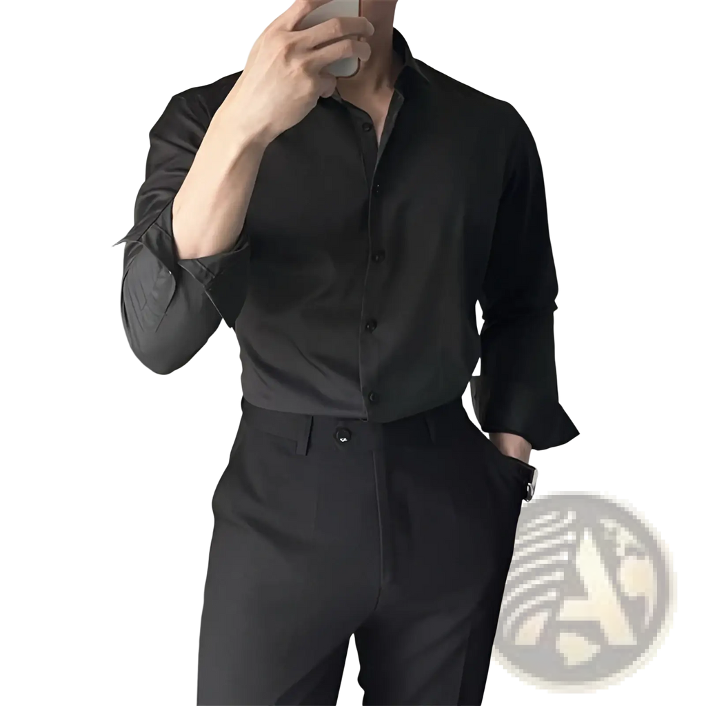 Men Korean slim fit long sleeve shirt in black satin with button-up front and rolled cuffs