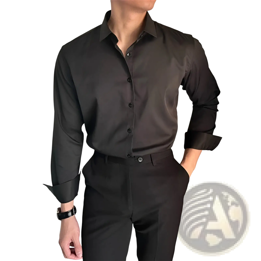 Black men Korean slim fit long sleeve dress shirt with crisp collar buttoned front and rolled-up cuffs