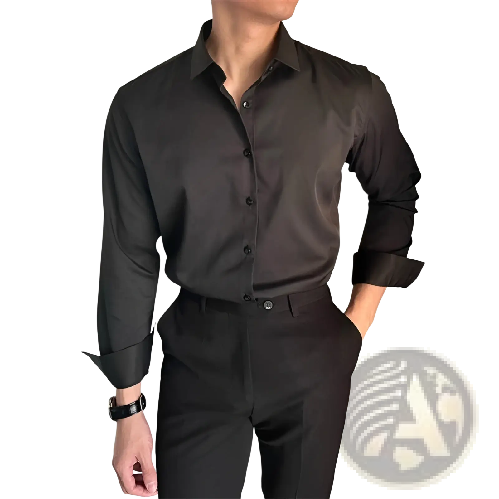 Black men Korean slim fit long sleeve dress shirt with crisp collar buttoned front and rolled-up cuffs