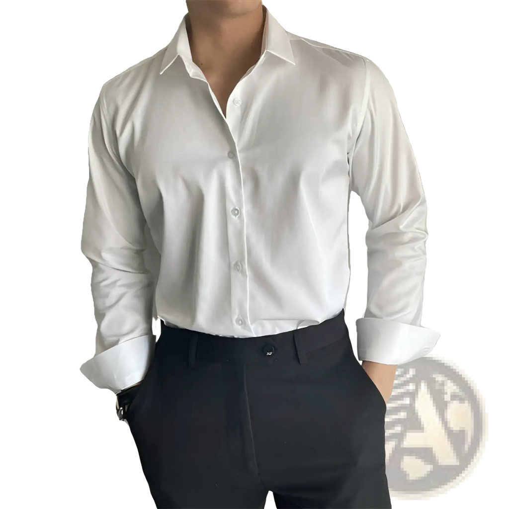 A crisp white men korean slim fit long sleeve shirt with classic collar and button-down front tucked into dark trousers