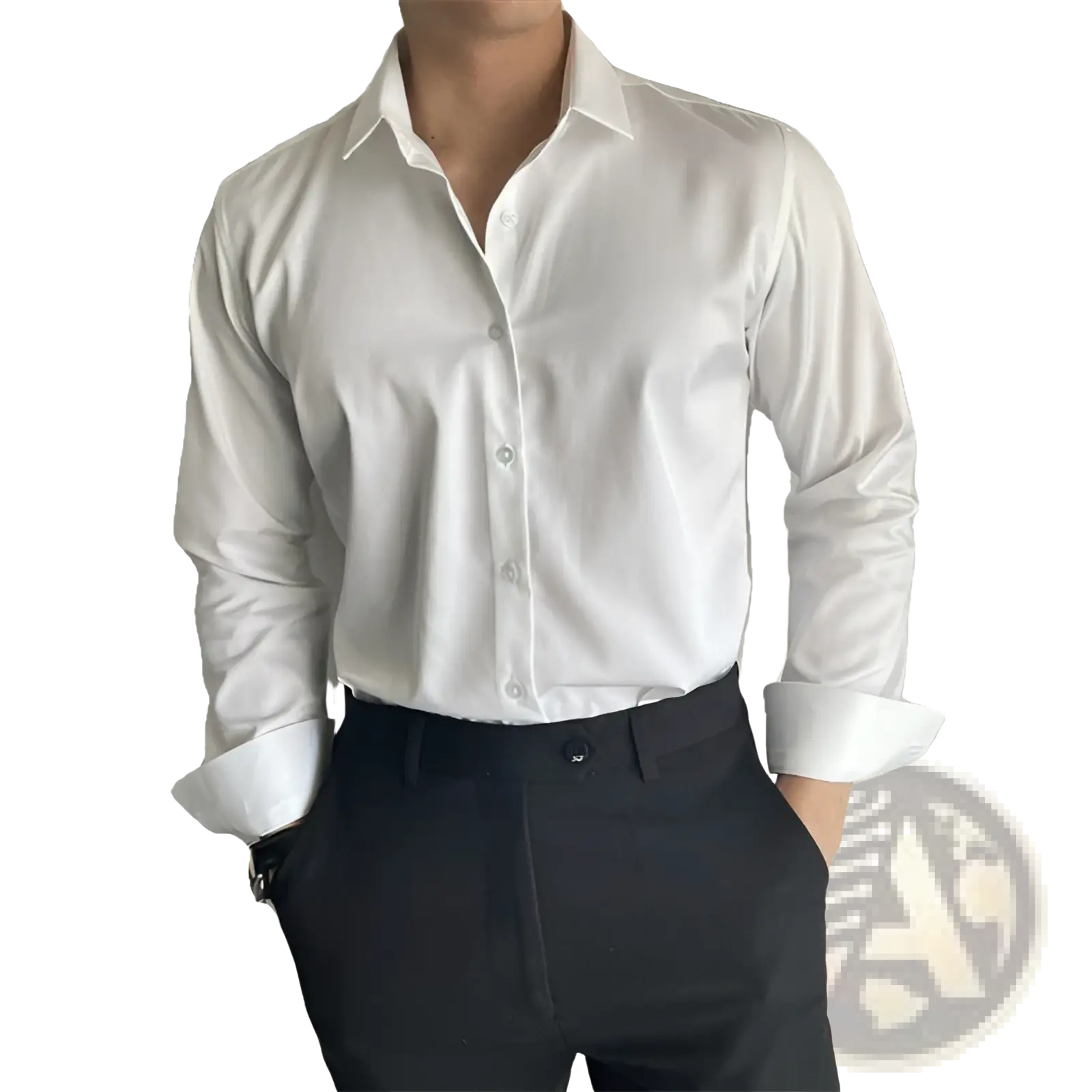A crisp white men korean slim fit long sleeve shirt with classic collar and button-down front tucked into dark trousers