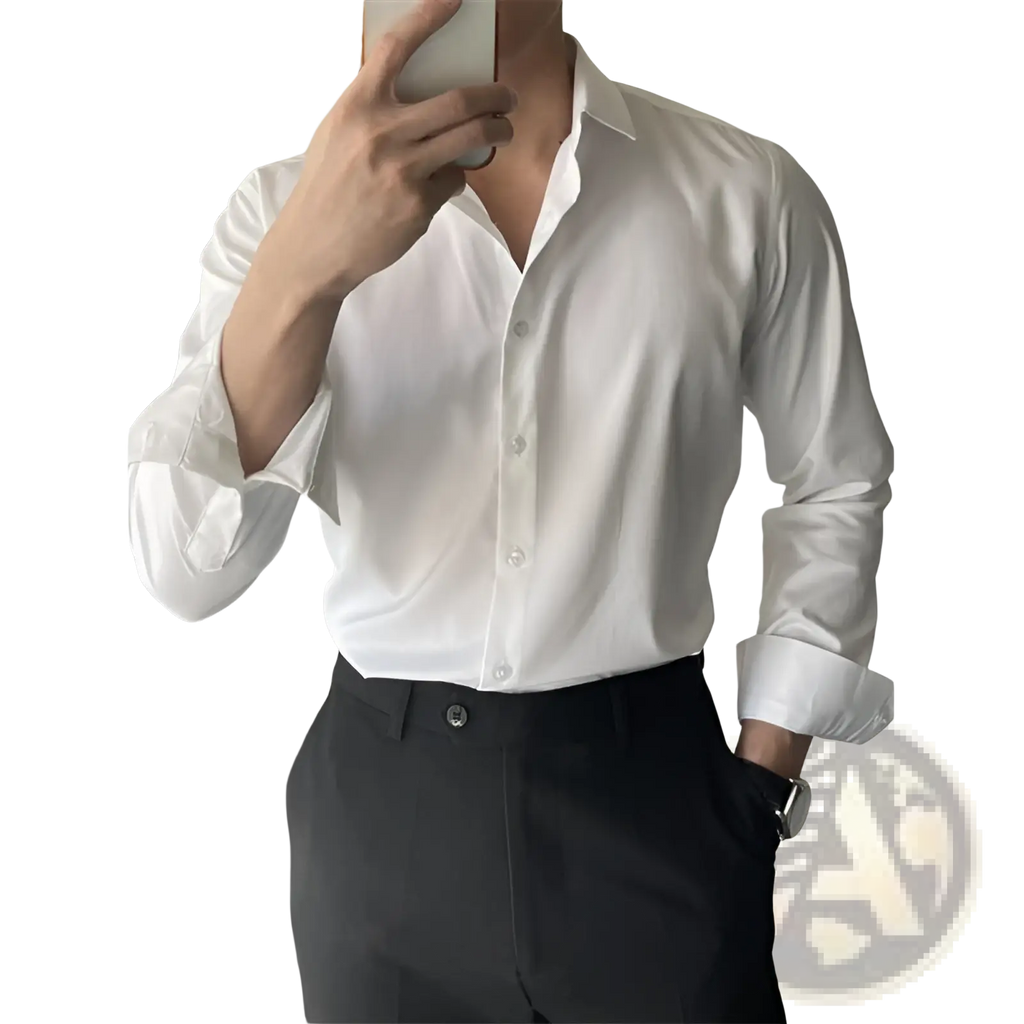 A crisp white men Korean slim fit long sleeve shirt with classic collar and neatly rolled cuffs