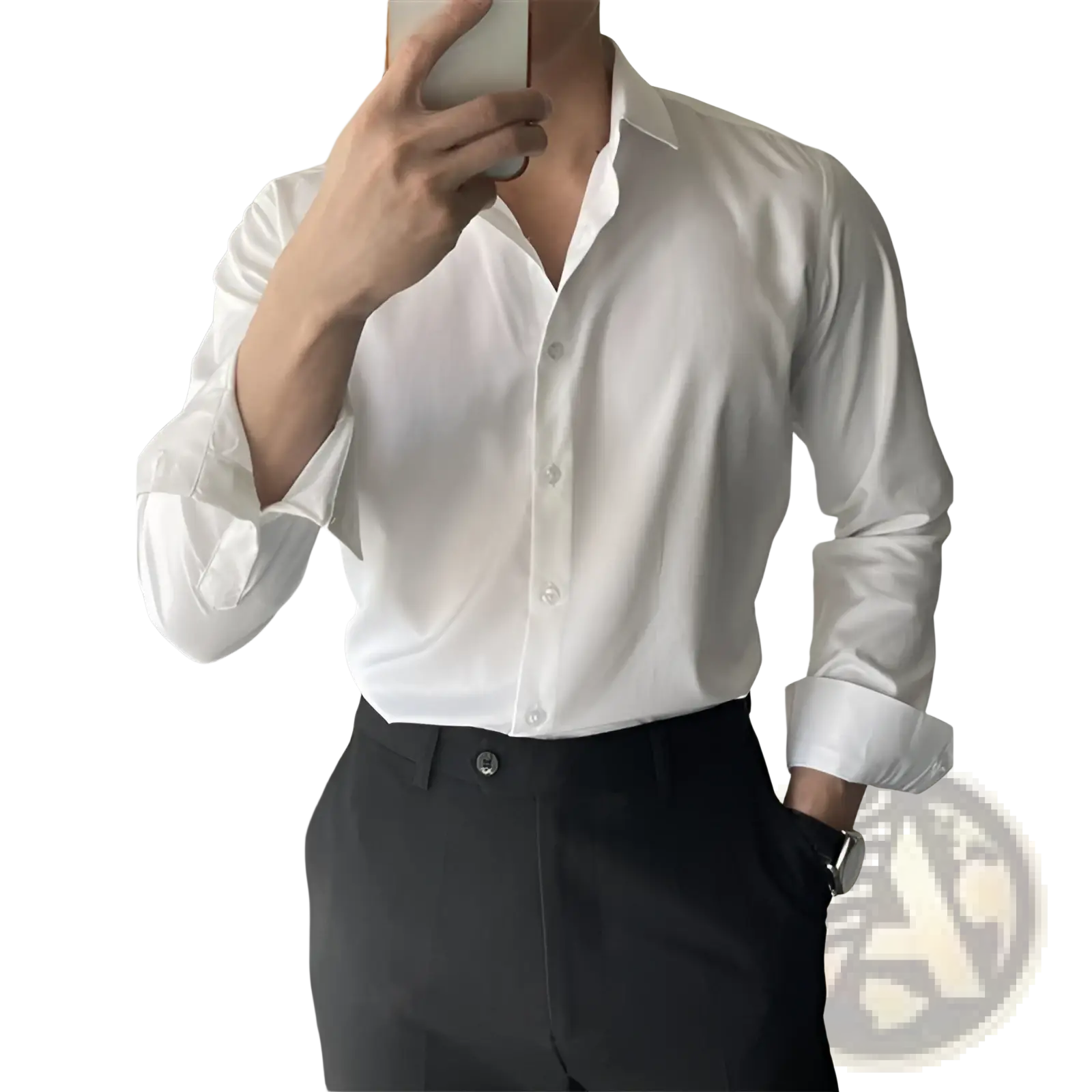 A crisp white men Korean slim fit long sleeve shirt with classic collar and neatly rolled cuffs