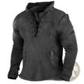 Black distressed faux leather men lace up hooded casual pullover with lace-up front and flap pockets