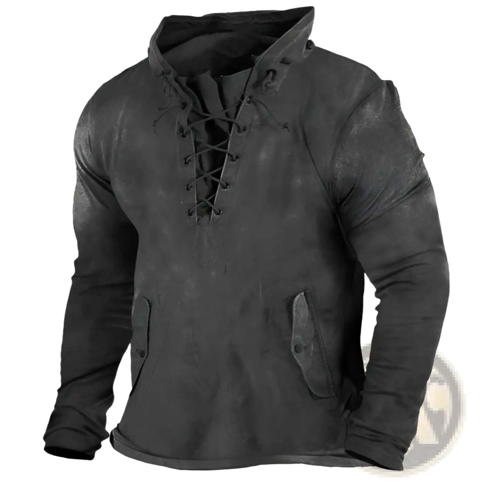 Black distressed faux leather men lace up hooded casual pullover with lace-up front and flap pockets