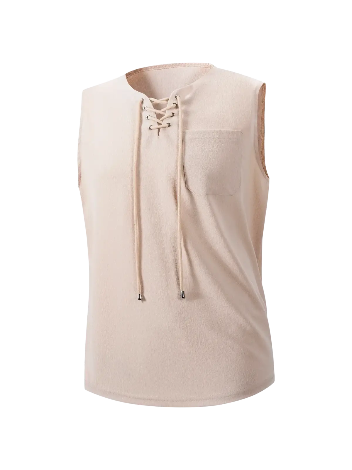 Beige men lace-up knit tank top casual sleeveless shirt with front lace-up detail and single chest pocket