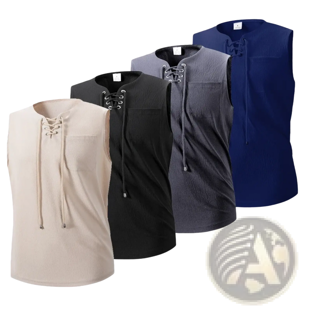 Men lace-up knit tank tops in beige black gray and navy blue with sleeveless design and chest pockets for casual wear