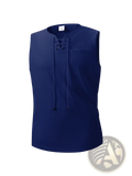Men navy blue knit tank top with sleeveless design, lace-up front, and single chest pocket for casual wear