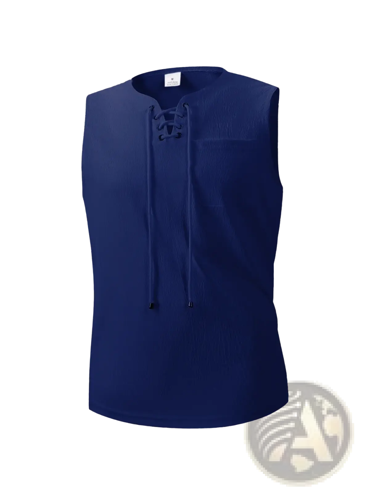Men navy blue knit tank top with sleeveless design, lace-up front, and single chest pocket for casual wear