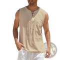 Men lace up sleeveless linen shirt in beige featuring a lace-up front and chest pocket for a casual stylish look