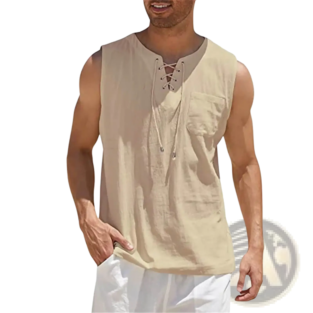 Men lace up sleeveless linen shirt in beige featuring a lace-up front and chest pocket for a casual stylish look
