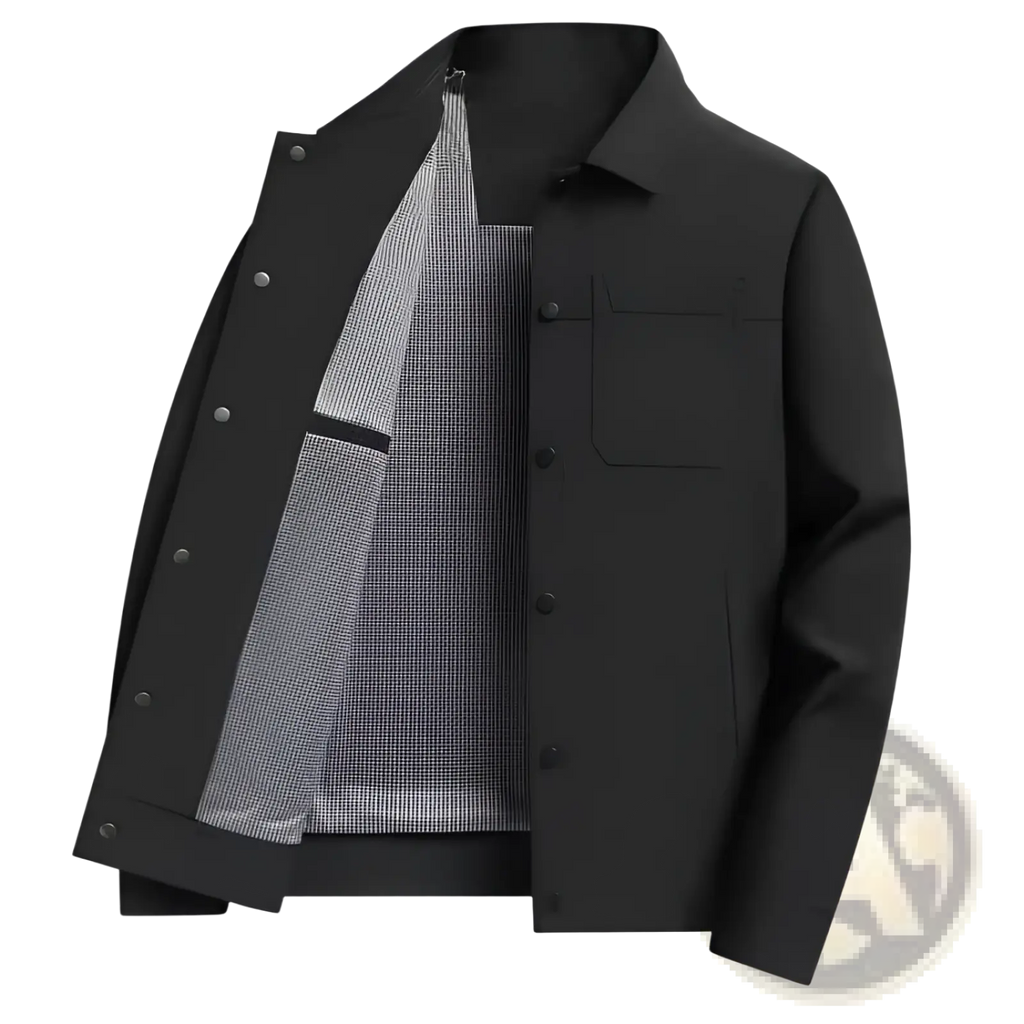 Men lapel utility jacket in black with subtle checkered lining and button closures ideal for casual wear