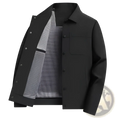 Men lapel utility jacket in black with subtle checkered lining and button closures ideal for casual wear