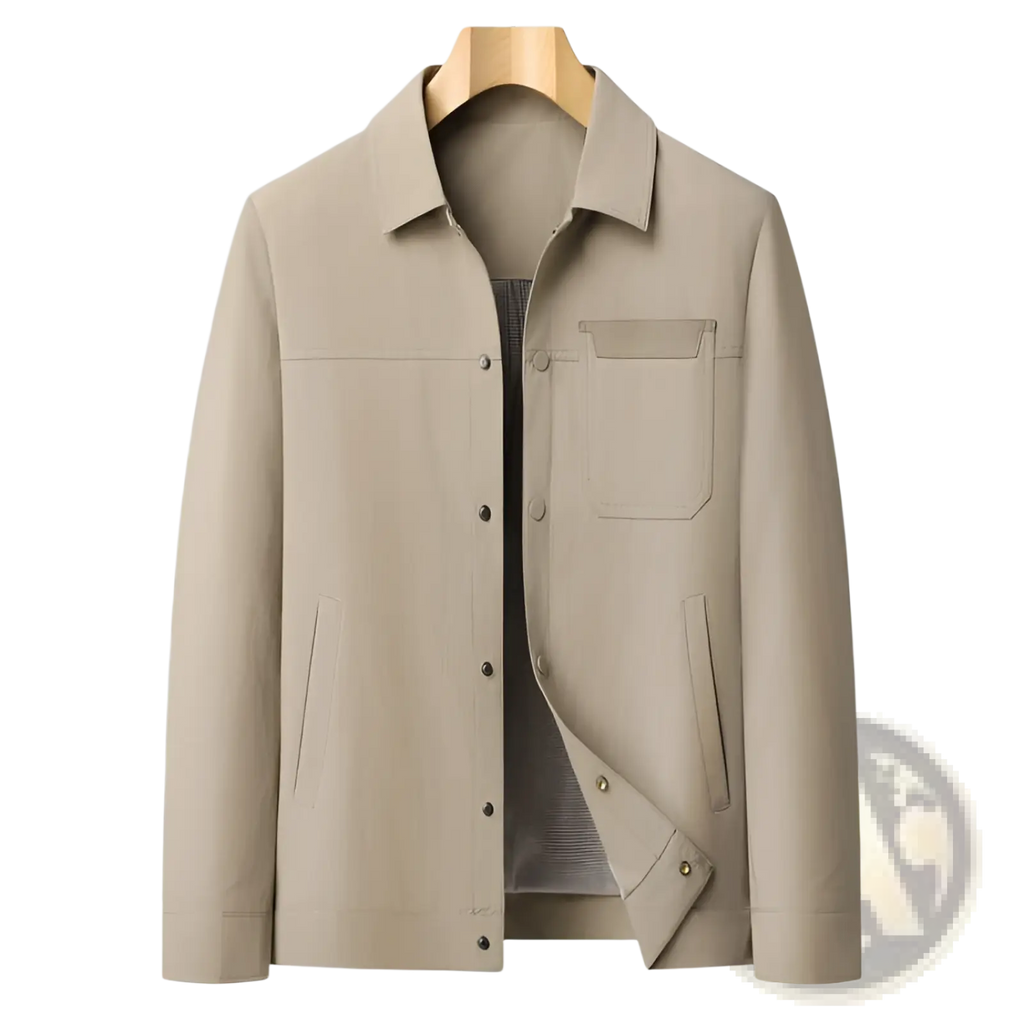 Beige men lapel utility jacket with classic collar, button-up front, front pockets, and checkered lining
