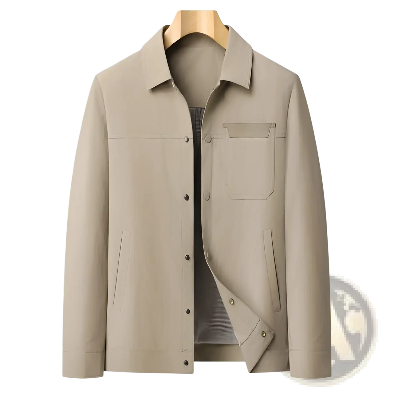 Beige men lapel utility jacket with classic collar, button-up front, front pockets, and checkered lining