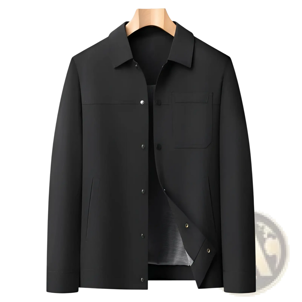 Men lapel utility jacket in black with checkered lining and subtle texture featuring a modern casual design