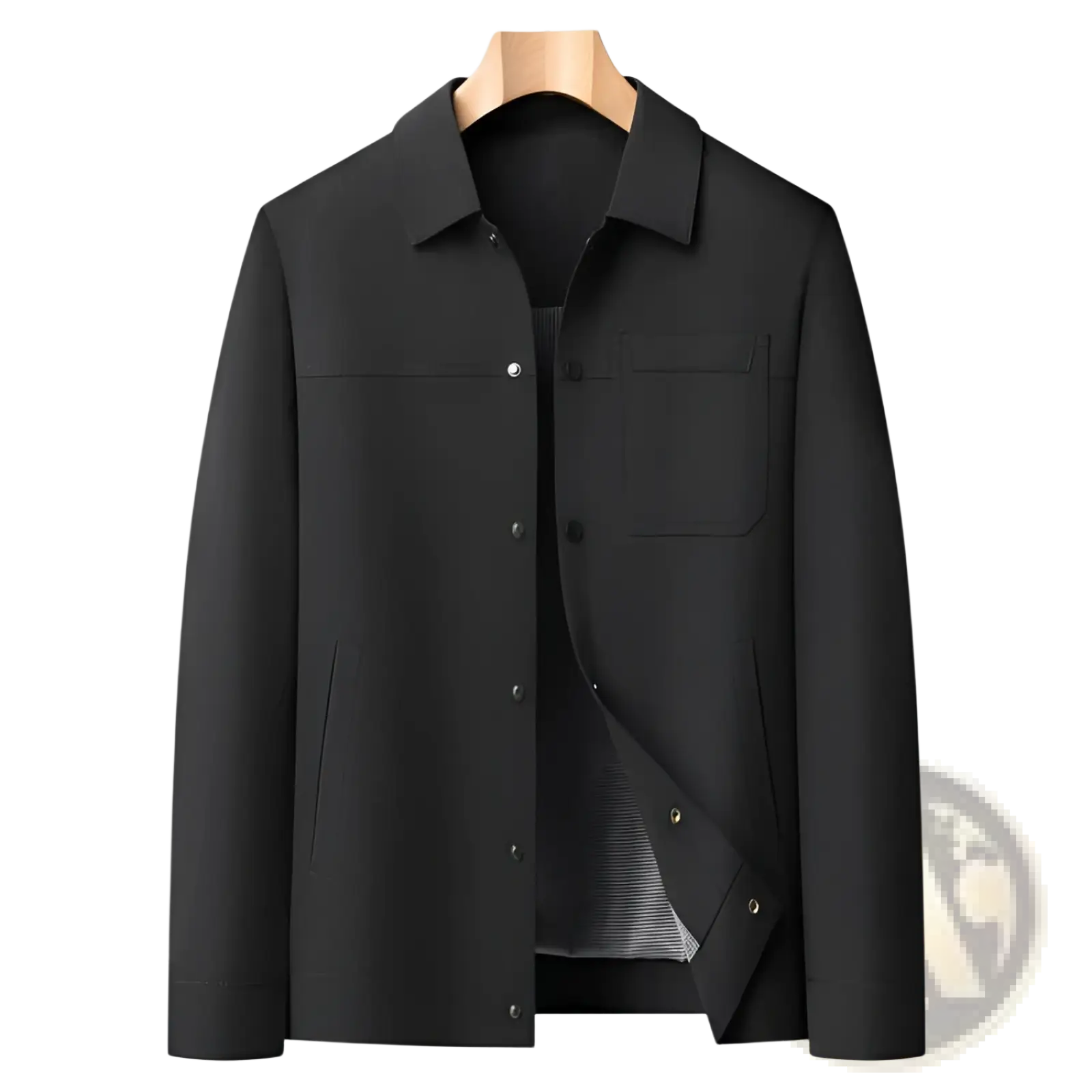 Men lapel utility jacket in black with checkered lining and subtle texture featuring a modern casual design