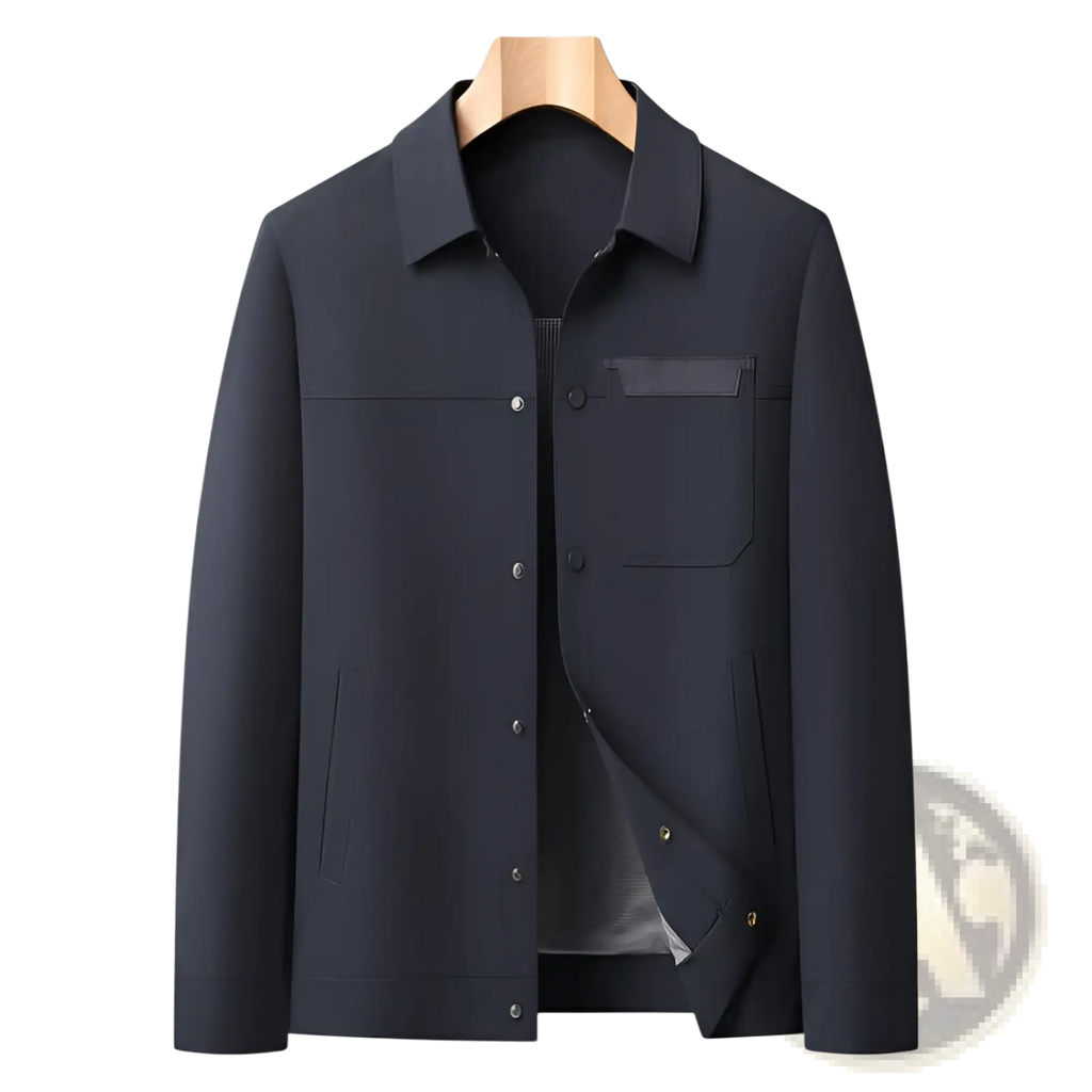 Dark navy blue men lapel utility jacket with classic collar, button-front, two side pockets, and checkered lining