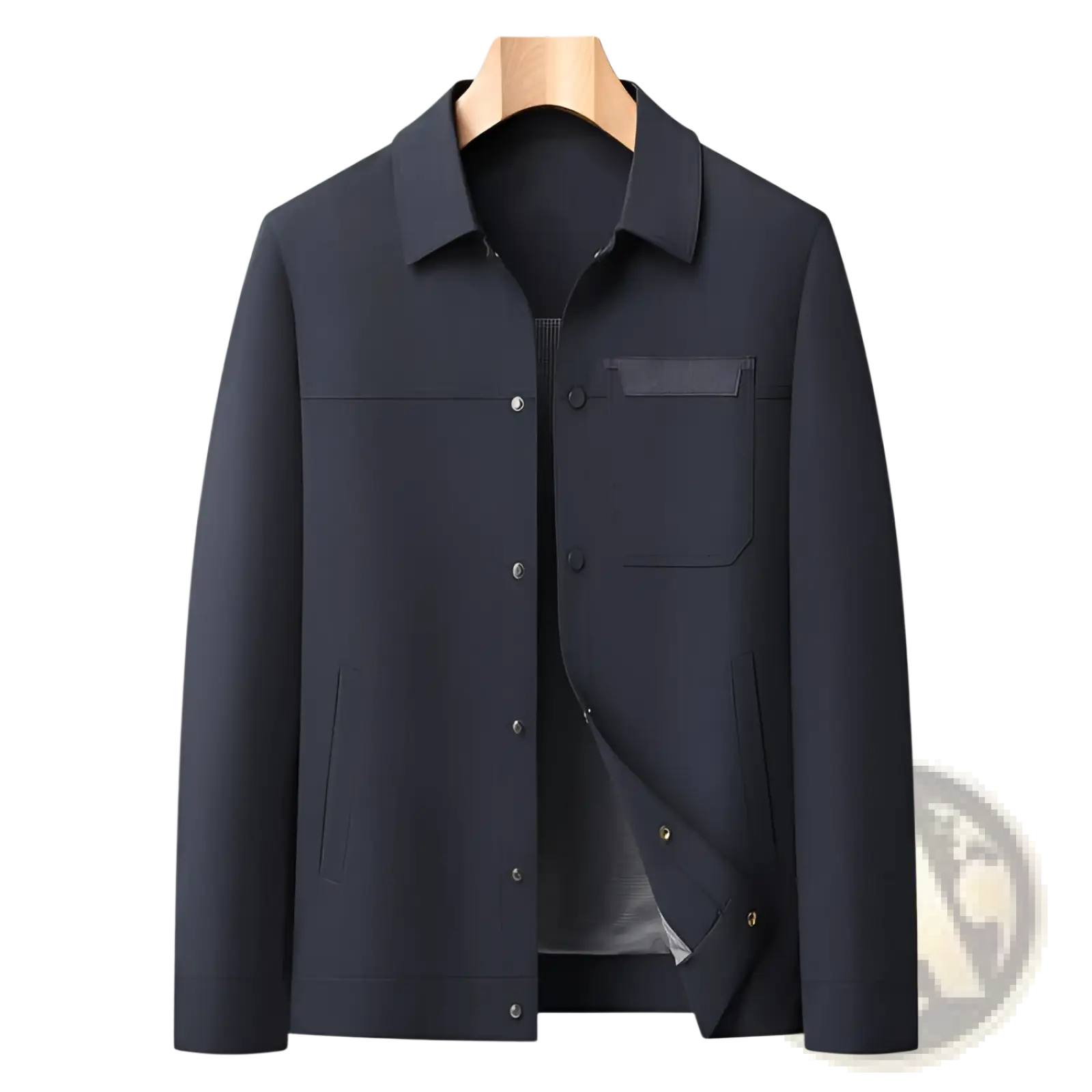 Dark navy blue men lapel utility jacket with classic collar, button-front, two side pockets, and checkered lining