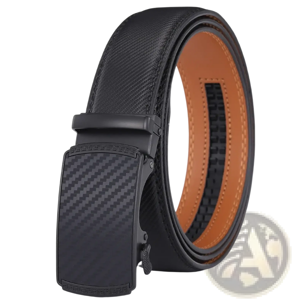 Men leather automatic belt luxury business dress strap black carbon fiber pattern with tan inner lining and stitched edges