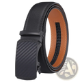 Men leather automatic belt luxury business dress strap black carbon fiber pattern with tan inner lining and stitched edges